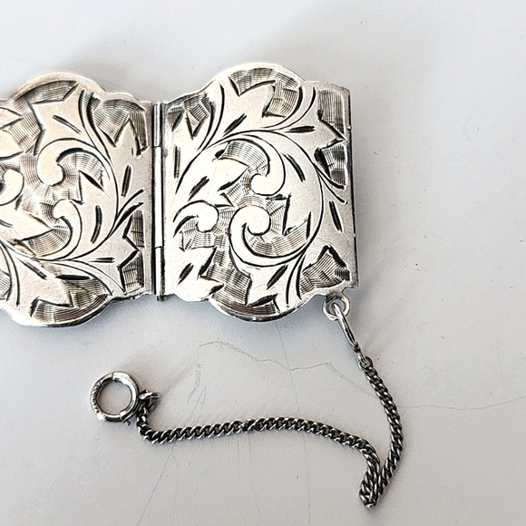 Etched Sterling Silver Vintage Linked Wide Panel Hinged Bracelet Cuff - Picture 8 of 14